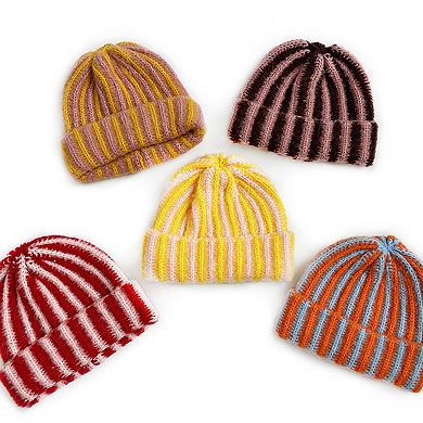 Knit Beanie with Colorblock Stripes and Folded Cuff Winter Hat