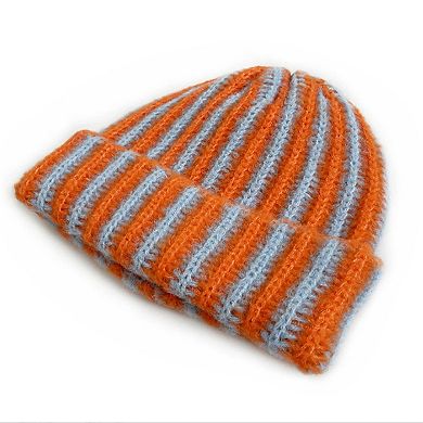 Knit Beanie with Colorblock Stripes and Folded Cuff Winter Hat