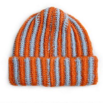 Knit Beanie with Colorblock Stripes and Folded Cuff Winter Hat