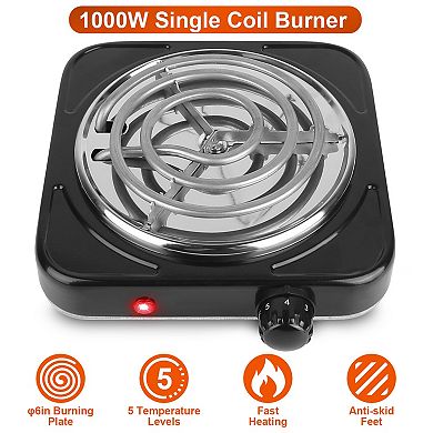 1000W Electric Single Burner Hot Plate, Portable Coil Stove with 5 Temp Settings & Non-Slip Feet