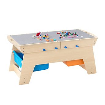 Kids Wooden Activity Table Reversible Top with 200 Bricks and Storage Bins