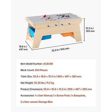 Kids Wooden Activity Table Reversible Top with 200 Bricks and Storage Bins