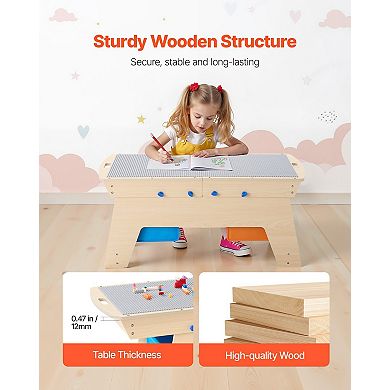 Kids Wooden Activity Table Reversible Top with 200 Bricks and Storage Bins