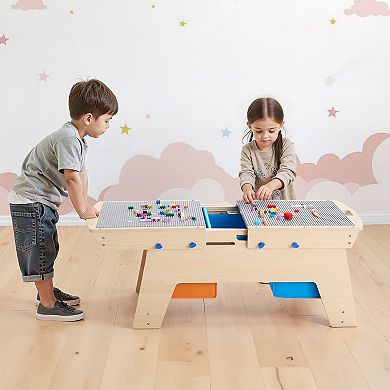 Kids Wooden Activity Table Reversible Top with 200 Bricks and Storage Bins