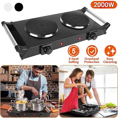 2000W Electric Dual Burner Hot Plate, Portable Coil Stove with 5 Temp Settings & Handles