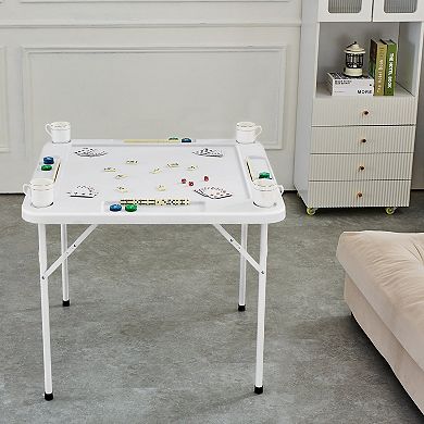Folding Mahjong Domino Table with Green Top and Cup Holders