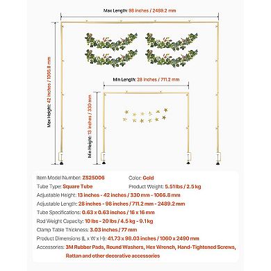 Rattan Table Arch Stand 13"-42" Tall, Gold Balloon Frame