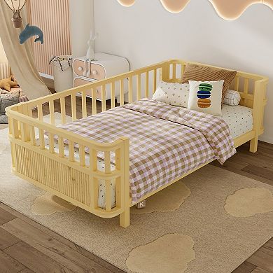 Wooden Platform Twin Bed with Fence for Kids