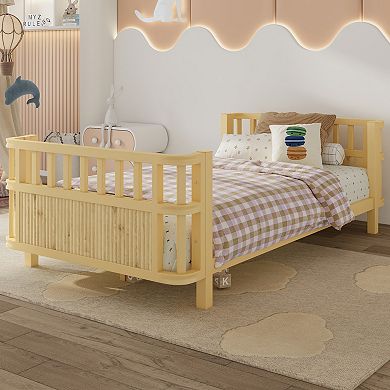 Wooden Platform Twin Bed with Fence for Kids