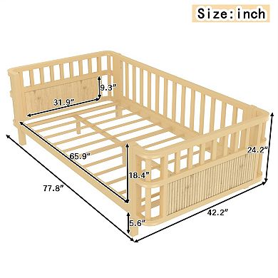Wooden Platform Twin Bed with Fence for Kids
