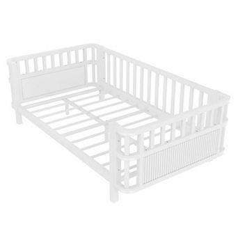 Wooden Platform Twin Bed with Fence for Kids