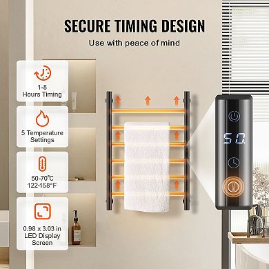 6-Bar Heated Towel Rack Wall Mounted with Timer LED Display Black