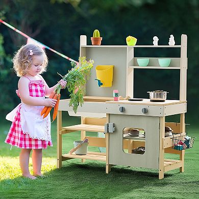 Outdoor Mud Kitchen Wooden Play Kitchen Set with Faucet and Cookware