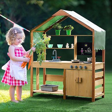 Outdoor Mud Kitchen Wooden Play Kitchen Set with Sink Planters and Accessories