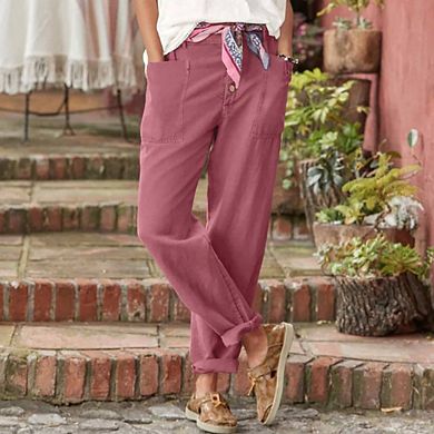 Women Casual Joggers Button-Fly Linen Pants Joggers Cotton Work Trousers