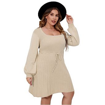 Women Plus Size Casual Sweater Dress Square Neck Long Sleeve Tie Waist Loose Pullover Dresses