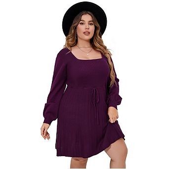 Women Plus Size Casual Sweater Dress Square Neck Long Sleeve Tie Waist Loose Pullover Dresses