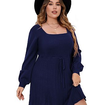 Women Plus Size Casual Sweater Dress Square Neck Long Sleeve Tie Waist Loose Pullover Dresses