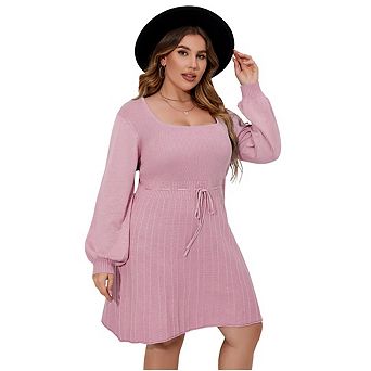 Women Plus Size Casual Sweater Dress Square Neck Long Sleeve Tie Waist Loose Pullover Dresses