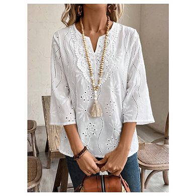 Women's 3/4 Sleeve Blouse Boho Eyelet Embroidery Summer V Neck Blouse Top for Summer Beach