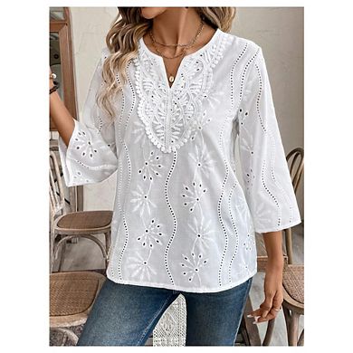 Women's 3/4 Sleeve Blouse Boho Eyelet Embroidery Summer V Neck Blouse Top for Summer Beach