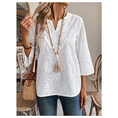 Women's 3/4 Sleeve Blouse Boho Eyelet Embroidery Summer V Neck Blouse Top for Summer Beach