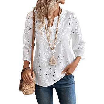 Women's 3/4 Sleeve Blouse Boho Eyelet Embroidery Summer V Neck Blouse Top for Summer Beach