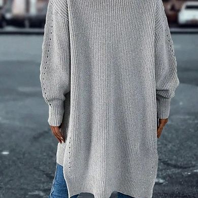 Women's Hollow Out Long Cardigan Sweaters Casual Long Sleeve Side Split Knit Oversized Outwear