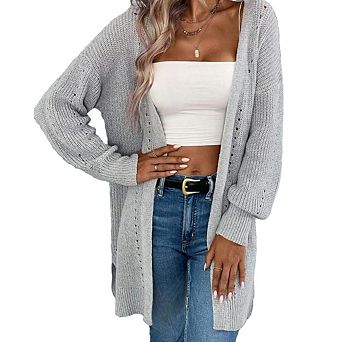 Women's Hollow Out Long Cardigan Sweaters Casual Long Sleeve Side Split Knit Oversized Outwear
