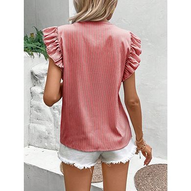 Women's Striped Ruffle Cap Sleeve Tops Tie Front Summer Blouse Tops V ...