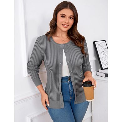 Women's Plus Size Split Cardigan Button Down Cable Knit Fall Winter Sweater Knitwear