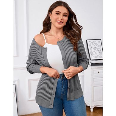 Women's Plus Size Split Cardigan Button Down Cable Knit Fall Winter Sweater Knitwear
