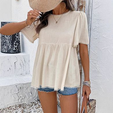 Women's Pearl Beaded Crew Neck Short Sleeve Casual Summer Tee Shirt