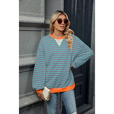 Women's Striped Sweatshirts Oversized Crewneck Long Sleeve Shirts Y2K Pullover Top