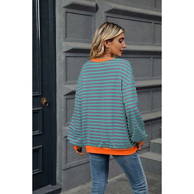 Women's Striped Sweatshirts Oversized Crewneck Long Sleeve Shirts Y2K Pullover Top