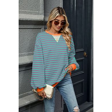 Women's Striped Sweatshirts Oversized Crewneck Long Sleeve Shirts Y2K Pullover Top