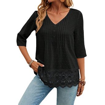 Women 3/4 Sleeve Tops Dressy Casual Pleated Front  Lace Hem Blouses V Neck Summer Shirts