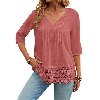 Women 3/4 Sleeve Tops Dressy Casual Pleated Front  Lace Hem Blouses V Neck Summer Shirts