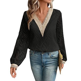 Womens V Neck Shirts Casual Dressy Long Sleeve Lace Top Blouses Chiffon Jacquard Elegant Fall Tops