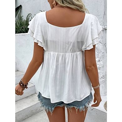 Women's Summer Ruffle Cap Sleeve T Shirt Floral Embroidery Square Neck Top Loose Fit Blouse Shirts
