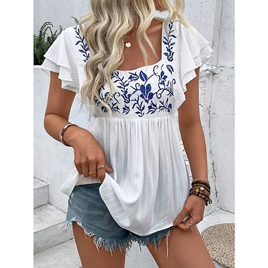Women's Summer Ruffle Cap Sleeve T Shirt Floral Embroidery Square Neck Top Loose Fit Blouse Shirts