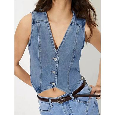 Women's Denim Vest Button Down Sleeveless Jean Vest Top Y2K Cropped Denim Top