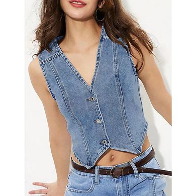 Women's Denim Vest Button Down Sleeveless Jean Vest Top Y2K Cropped Denim Top