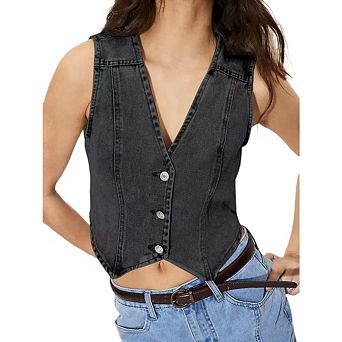 Women's Denim Vest Button Down Sleeveless Jean Vest Top Y2K Cropped Denim Top