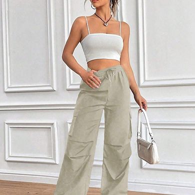 Women Elastic Waisted Parachute Hiking Pants with Pockets Water-Resistant Lightweight Baggy Pants