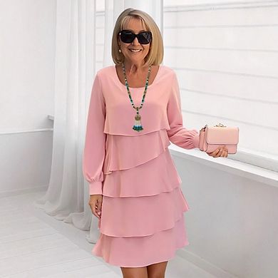 Women's Long Sleeve Tiered Dress Elegant Knee Length Ruffle Layered Swing Dresses