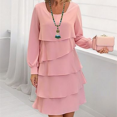 Women's Long Sleeve Tiered Dress Elegant Knee Length Ruffle Layered Swing Dresses
