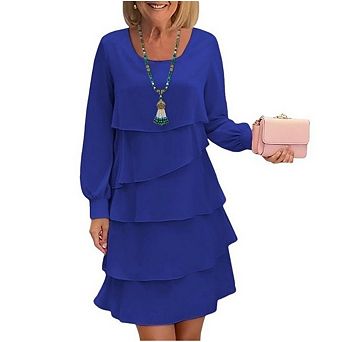 Women's Long Sleeve Tiered Dress Elegant Knee Length Ruffle Layered Swing Dresses
