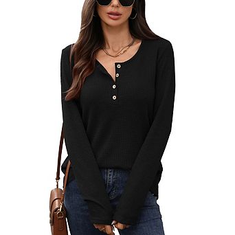 Women's Long Sleeve Waffle Knit Tops Crew Neck Button Casual Loose T Shirt Fall and Winter Tee Top