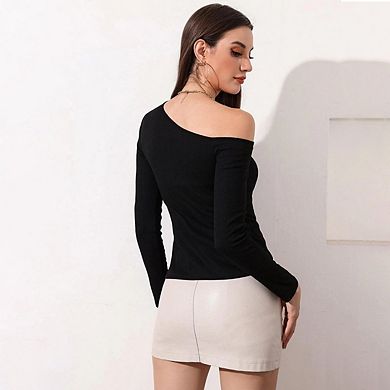 Women's Cut Out One Shoulder Long Sleeve Tee Shirt Asymmetrical Neck Slim Fit Tops
